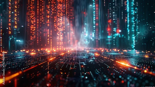 Abstract 3D background reflecting the concept of digital rain  with streams of code flowing into virtual windows against the backdrop of a blurred neon cityscape.