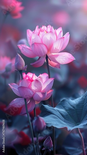 A close up of a pink lotus flowers in a pond