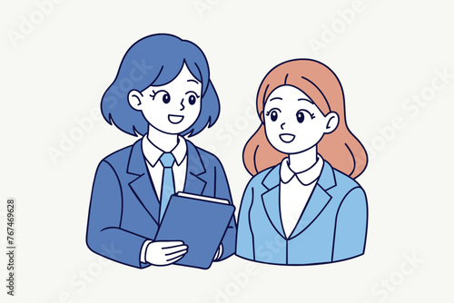 An illustration of business woman offering guidance and mentorship to a younger colleague