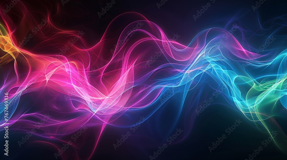 Digital artwork featuring neon wavy lines with shimmering lights that create a dynamic and energetic abstract background. Digital artwork featuring neon wavy lines with shimmering lights that create a dynamic and energetic abstract background.