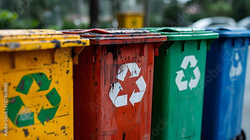 Row of colorful waste containers with recycling symbols in a natural environment
