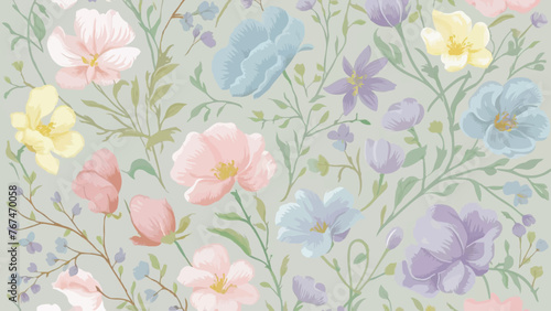 A charming and delicate pastel-colored flower design pattern features a variety of blossoms in soft hues of pink, blue, purple, and yellow. The flowers are intricately intertwined with a touch of gre © Hogr