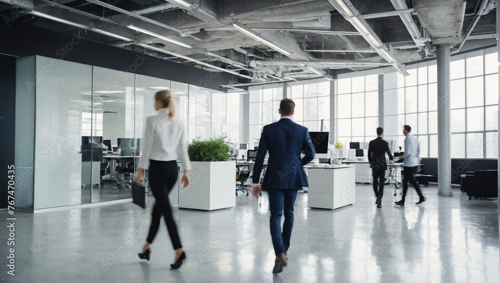 Bright workplace office with people walking blur Bright workplace office with people walking blur