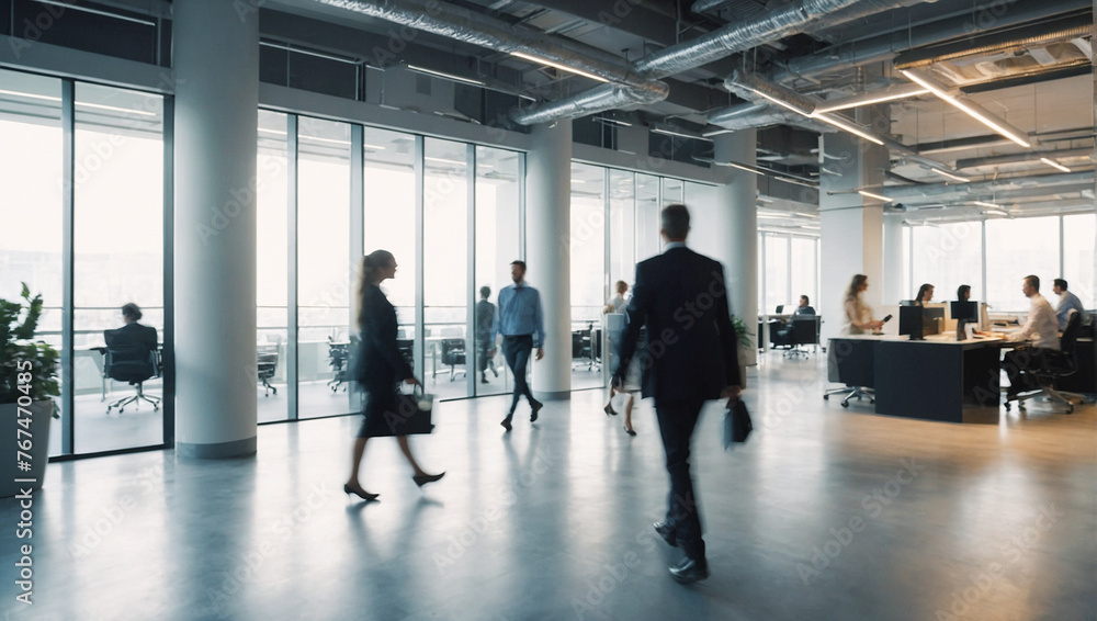 Bright workplace office with people walking blur 