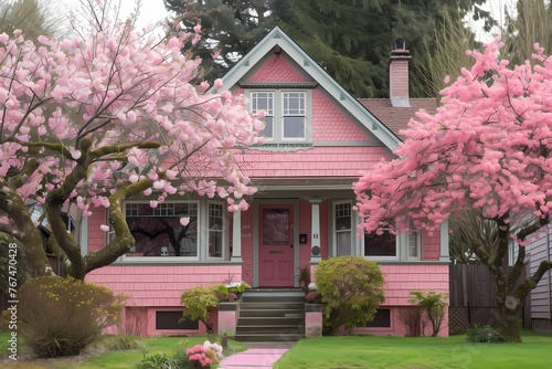 A cozy craftsman bungalow facade painted in pale blush pink, nestled amidst blossoming cherry trees. © pick pix