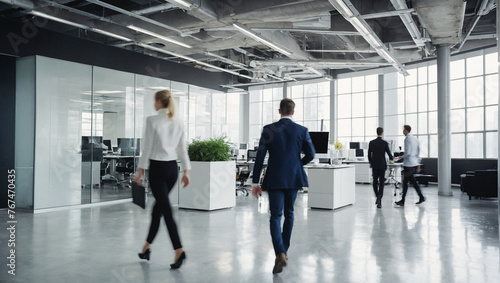 Bright workplace office with people walking blur 