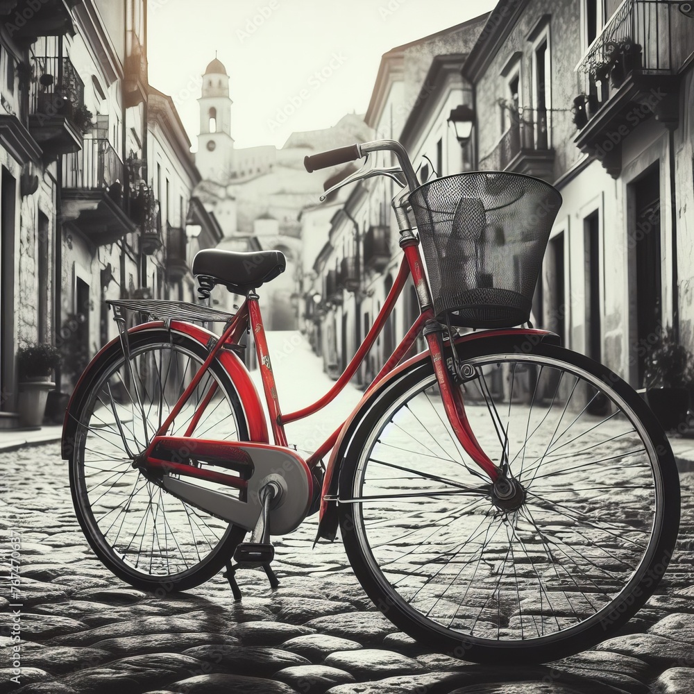 A retro vintage red bike stands gracefully on a cobblestone street in the old town, captured in a timeless black and white image, evoking the charm
