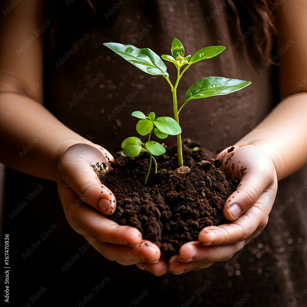 small child's hands holding soil and small plants, to be planted small child's hands holding soil and small plants, to be planted