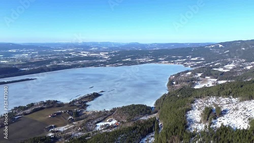 4K. Icy water and winter landscape. The big fjord Steinsfjorden in Norway. photo