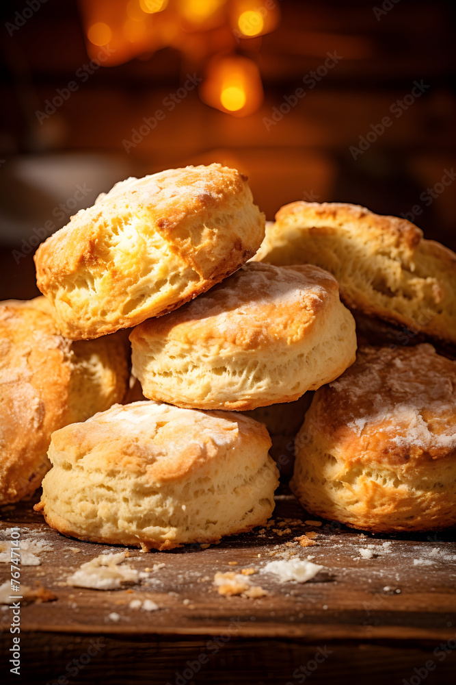 Aesthetic Pile of Freshly Baked Golden Brown Biscuits on a Rustic Wooden Table: Homely Coziness encapsulated.