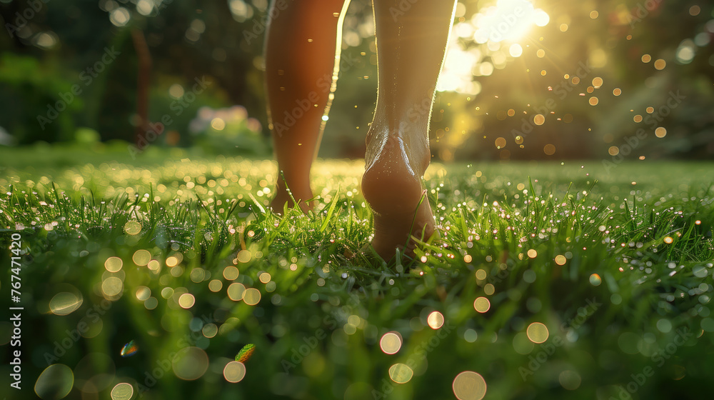 A photo of a person walking barefoot on a dewy lawn after a morning mow.  - obrazy, fototapety, plakaty 