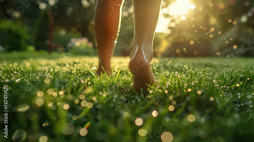 A photo of a person walking barefoot on a dewy lawn after a morning mow.  photo