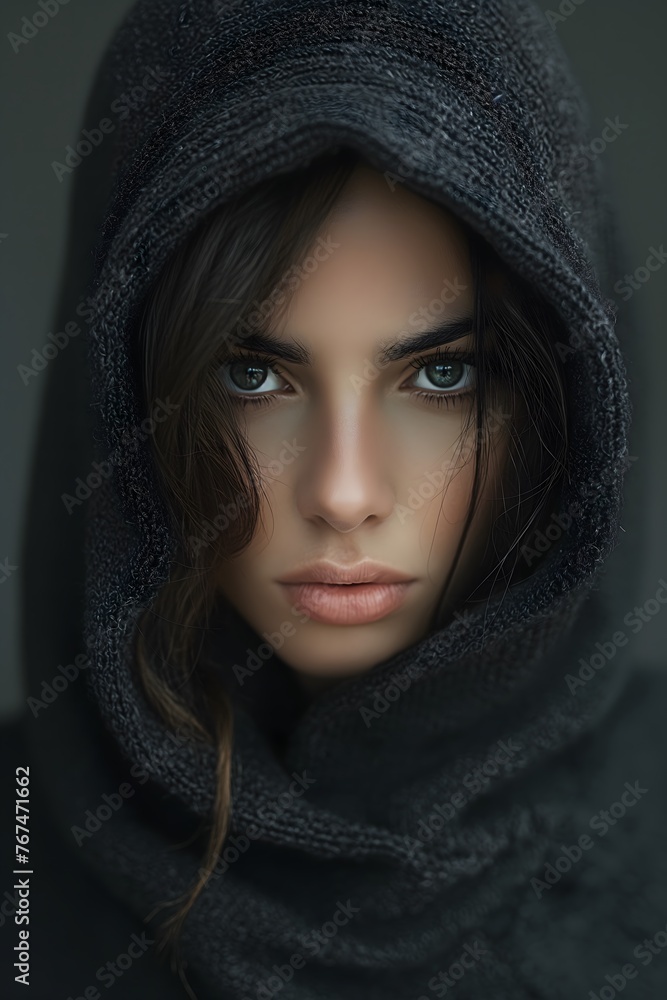 Gesichtslose Frau mit Kapuze trägt Kapuzenpulli mit Blick nach vorne, schwarzer Hintergrund - obrazy, fototapety, plakaty 