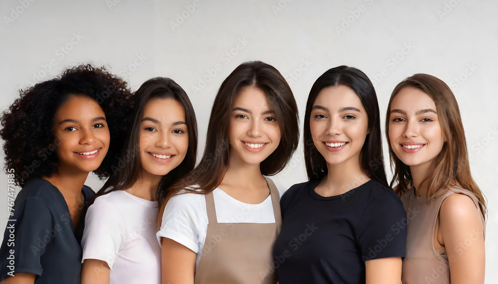 A diverse group of people from different cultures and races smiling together towards the camera in unison. A diverse group of people from different cultures and races smiling together towards the camera in unison.