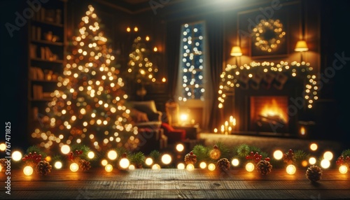 Cozy Holiday Interior with Christmas Tree and Fireplace © OAN