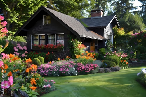 A craftsman house with a dark exterior, showcasing a beautifully landscaped garden with blooming flowers. © pick pix