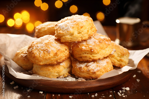 Aesthetic Pile of Freshly Baked Golden Brown Biscuits on a Rustic Wooden Table: Homely Coziness encapsulated.