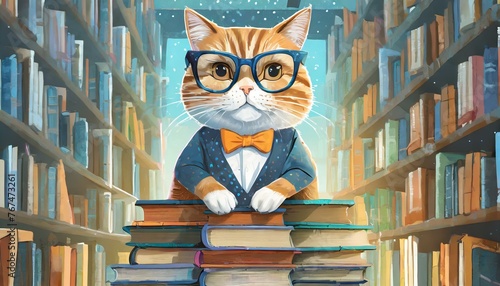 An illustration of a cat with glasses on a stack of books in a library. 