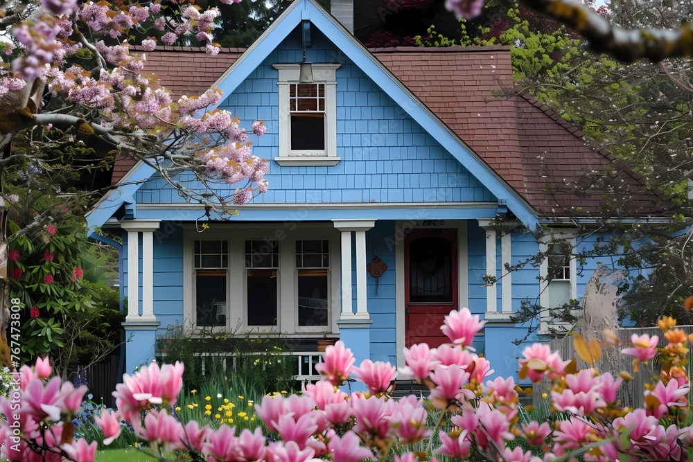 A picturesque craftsman cottage exterior featuring delicate baby blue hues, surrounded by blooming spring flowers.