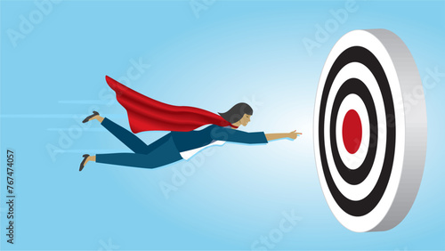 Woman aiming to bulls eye on dartboard. Goals and motivation. Dimension 16:9. Vector illustration.
