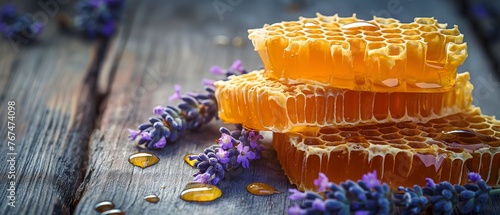 Honig in Waben und Lavendel auf einem Holztisch, Frühling, Textfreiraum