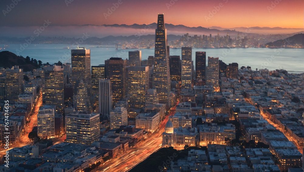 San Francisco City Aerial Sunset 
