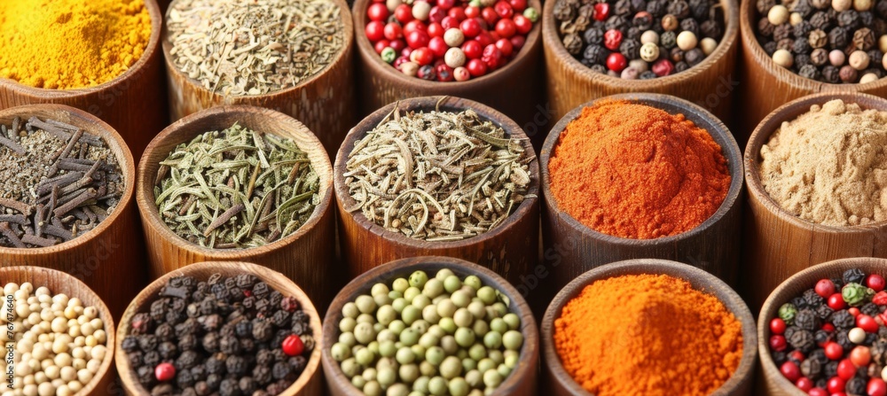 Vibrant spice palette  artistic array of various spices in small bowls or containers
