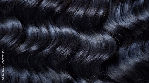 Curly black hair texture abstract background. Closeup of beautiful shiny wavy hair.