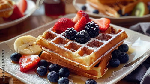 Belgian waffles on a plate with fruit.
