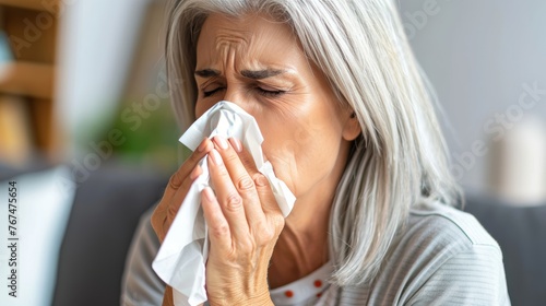 Close up of senior woman with illness blowing nose into tissue in a detailed view