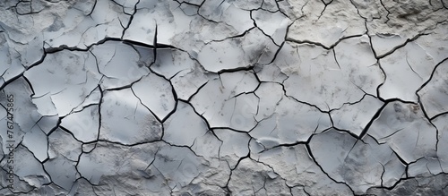 A detailed shot of a grey cracked concrete surface, showcasing a unique pattern resembling a landscape of soil, bedrock, and twigs. The result of an event like drought
