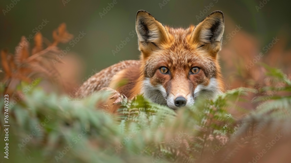 a close up of a fox's face in a field of green and brown plants and plants with a blurry background. a close up of a fox's face in a field of green and brown plants and plants with a blurry background.
