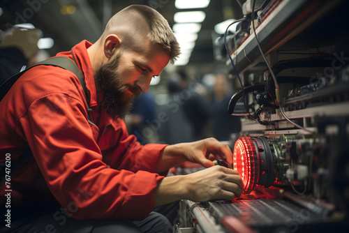 male worker working in an industrial workshop with production facilities and manufactured products © photosaint