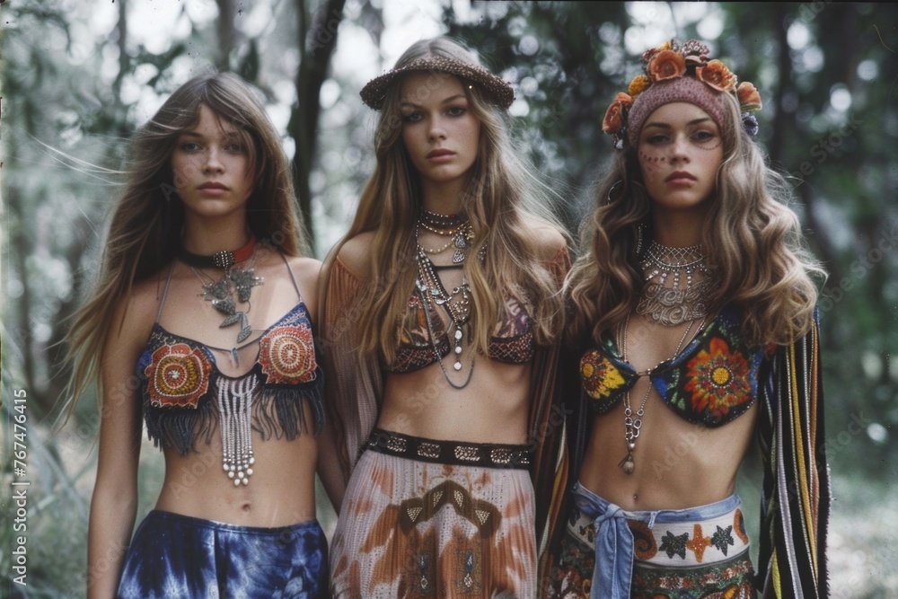Obraz premium Hippie lifestyle in the 60s 70s, embracing individuality colorful clothing, carefree living, joyful pursuits, wanderlust, rural homesteads, vibrant tapestry of self-expression and communal harmony.