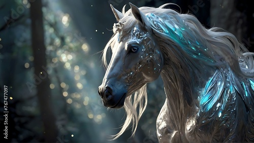 A luminously ethereal centaur  its form crafted from shimmering silver and opalescent crystals  gazes intently into the distance with eyes that seem to hold ancient wisdom. The digital painting captur