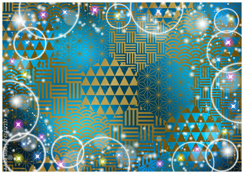 青、キラキラ、和柄、背景、かわいい、イラスト、和風、ハニカム、横型