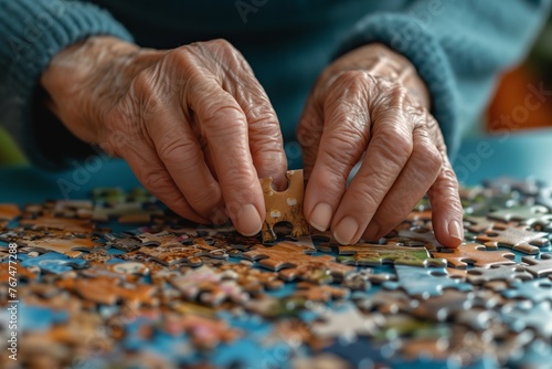 Elderly hands strategically placing a jigsaw puzzle piece on a colorful board