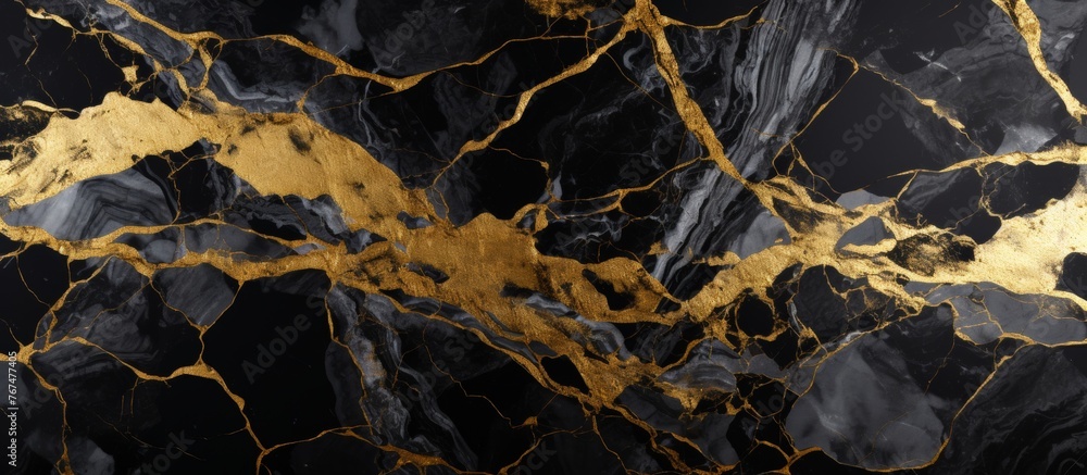 A detailed shot showcasing the intricate pattern of a black and gold marble texture, resembling a terrestrial plant in a dark landscape with rocks and wildlife