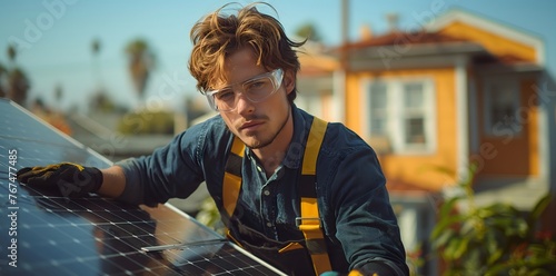 Mann mit schwarzem T-Shirt und Jeans, trägt eine Schutzbrille und arbeitet an einem Solarpanel, Konzept Energiewende, erneuerbare Energie