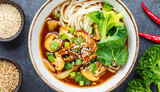 Szechuan chicken noodle soup with bok choy, mushrooms, and scallions, garnished with sesame seeds and cilantro, traditional Chinese cuisine.