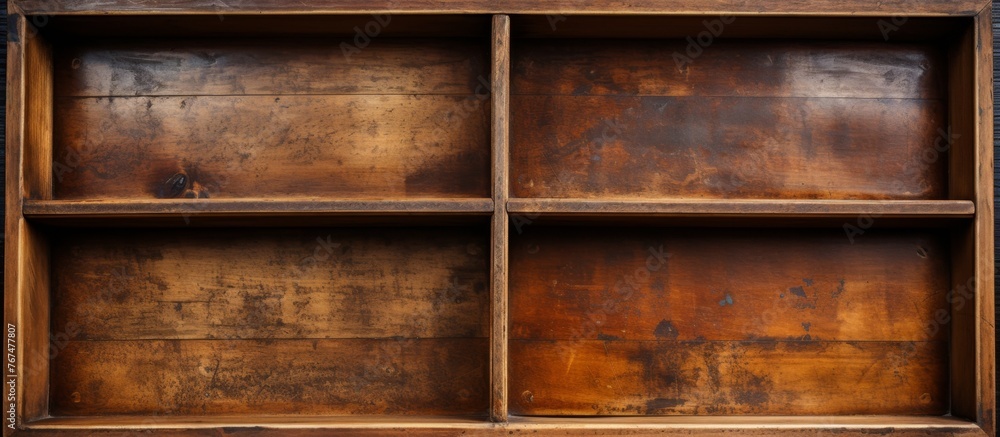 A closeup of a brown hardwood shelf with four rectangular shelves, featuring amber wood stain, tints and shades. The plank is varnished like flooring A closeup of a brown hardwood shelf with four rectangular shelves, featuring amber wood stain, tints and shades. The plank is varnished like flooring
