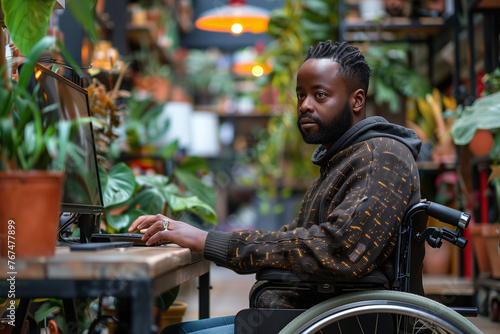 Happy Black Man in Wheelchair Working on Laptop Computer in Office 
