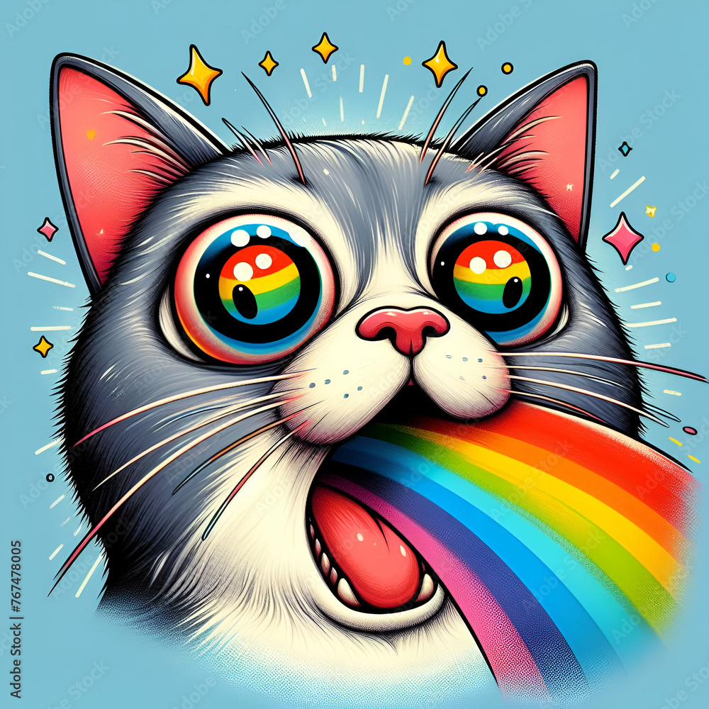 Crazy Cross Eyed Surprised Cat Whiskers Yawning with its' Mouth Open Spits Glowing Rainbow Wavy Lights Ribbon Tongue Sticking Shooting Coming Out. LGBTQIA Concept. Gay & Lesbian LGBT Pride Day Symbol