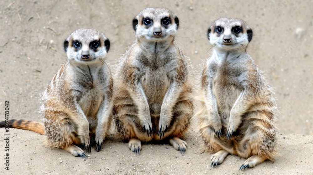 a group of three meerkats sitting next to each other on top of a sandy ground in front of a wall. a group of three meerkats sitting next to each other on top of a sandy ground in front of a wall.