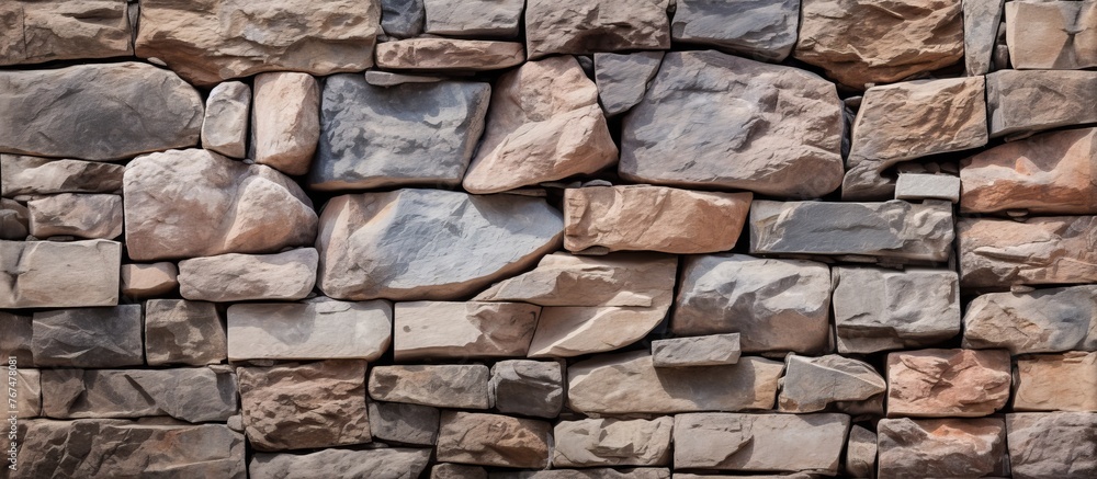 A closeup of a stone wall featuring various building materials like bricks, cobblestones, and rocks arranged in a rectangular pattern