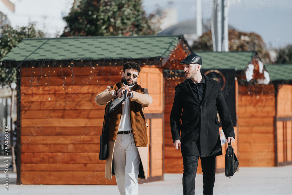 Obraz premium Stylish men walking confidently in urban setting with bags and gadgets.