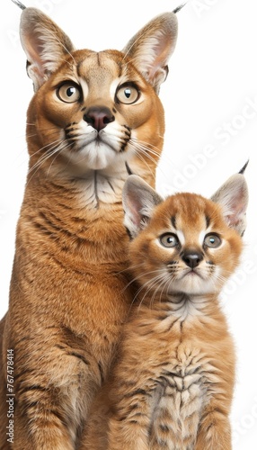 Male caracal and caracal kitten portrait with empty space on the left for text placement