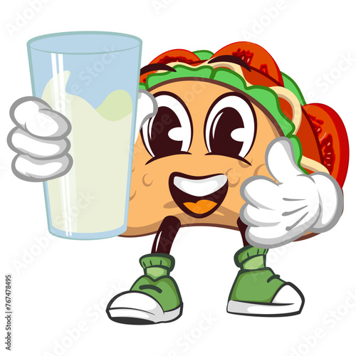 cute taco mascot character emoticon carrying a glass of water while giving a thumbs up, cute taco mascot