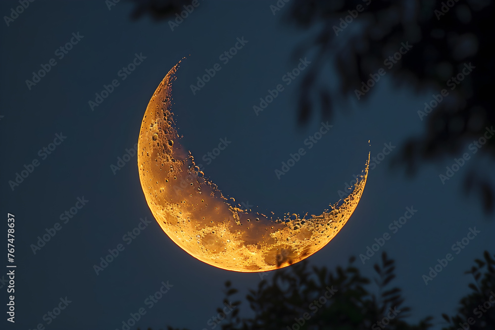 A photo of the crescent moon associated with Ramadan, symbolizing the beginning of the Islamic holy month of fasting and spirituality. - obrazy, fototapety, plakaty 