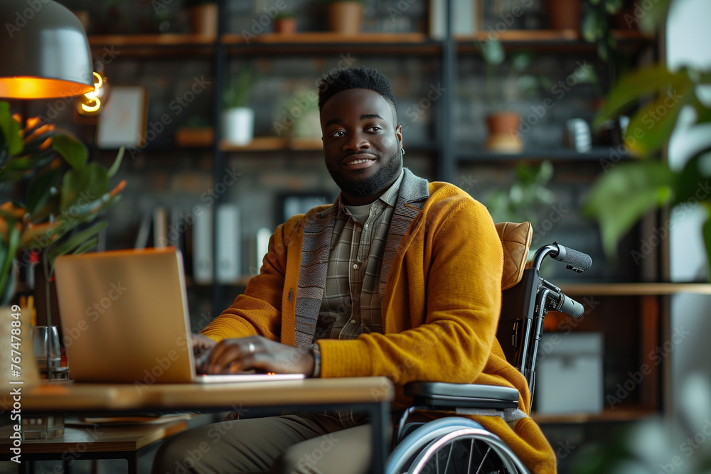 Happy Black Man in Wheelchair Working on Laptop Computer in Office
Happy Black Man in Wheelchair Working on Laptop Computer in Office